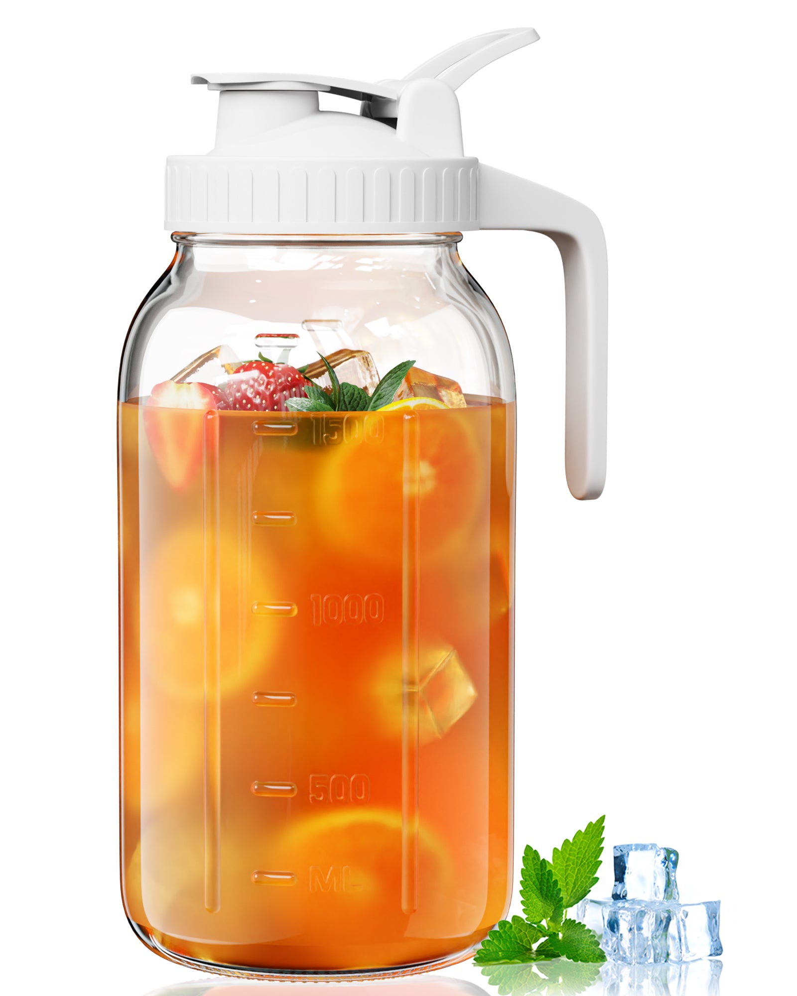 VA1KENE Glass Pitcher 64 oz Mason Jar Pitcher with Lid and Spout Leakproof for Drinks Juice Coffee Milk Tea White