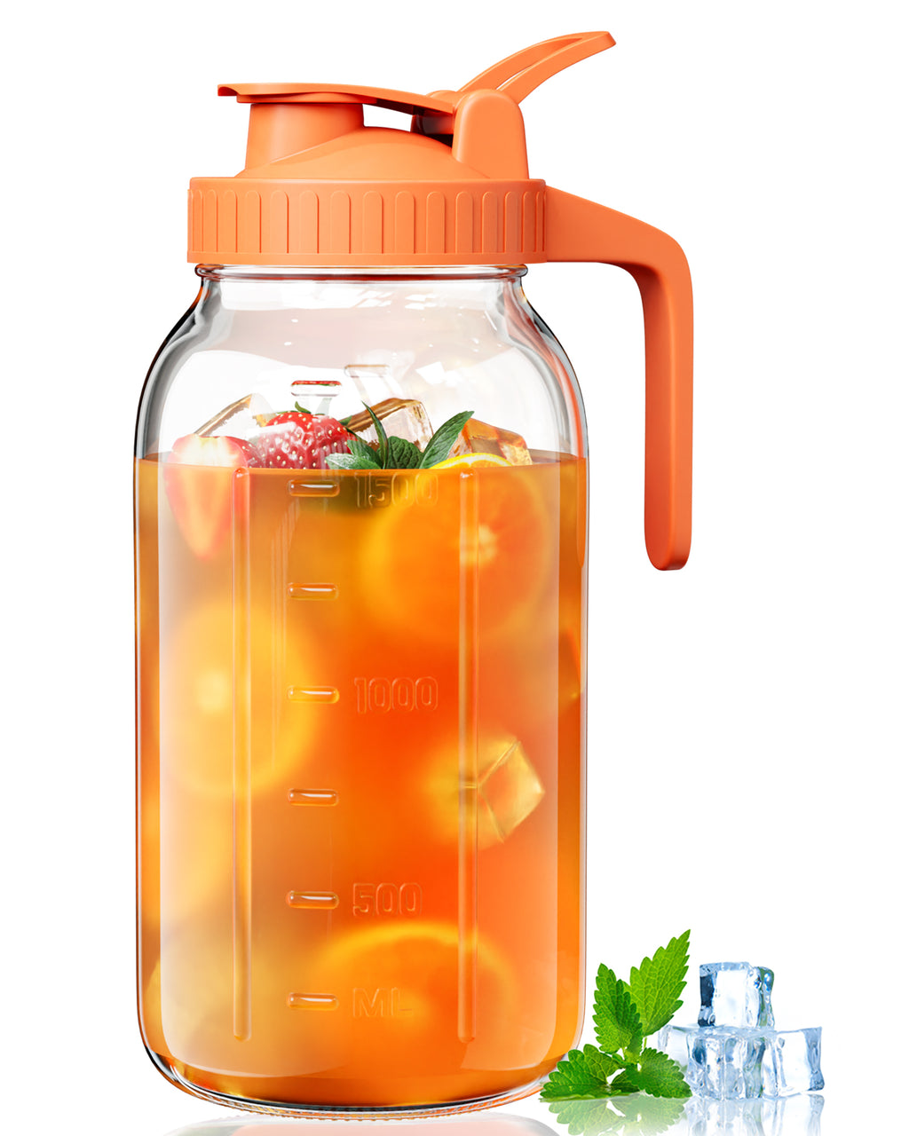 VA1KENE Glass Pitcher 64 oz Mason Jar Pitcher with Lid and Spout Leakproof for Drinks Juice Coffee Milk Tea Orange