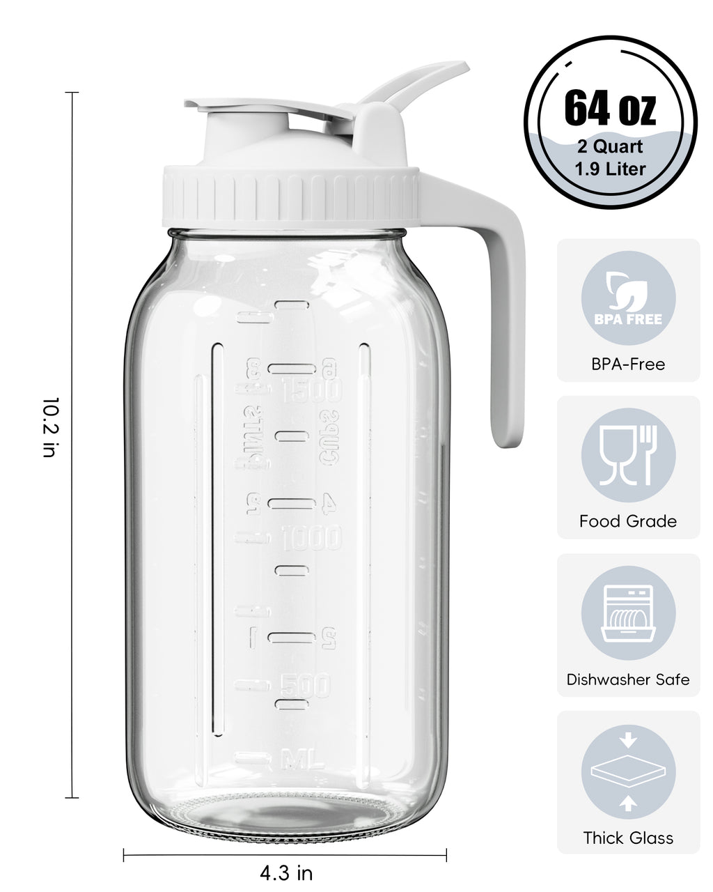 VA1KENE Glass Pitcher 64 oz Mason Jar Pitcher with Lid and Spout Leakproof for Drinks Juice Coffee Milk Tea White