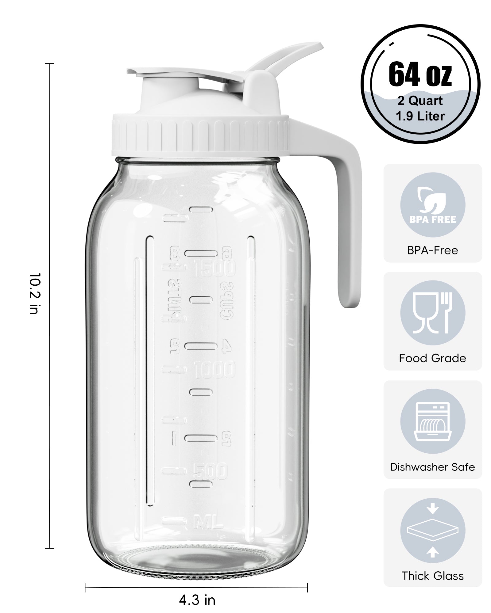 VA1KENE Glass Pitcher 64 oz Mason Jar Pitcher with Lid and Spout Leakproof for Drinks Juice Coffee Milk Tea White