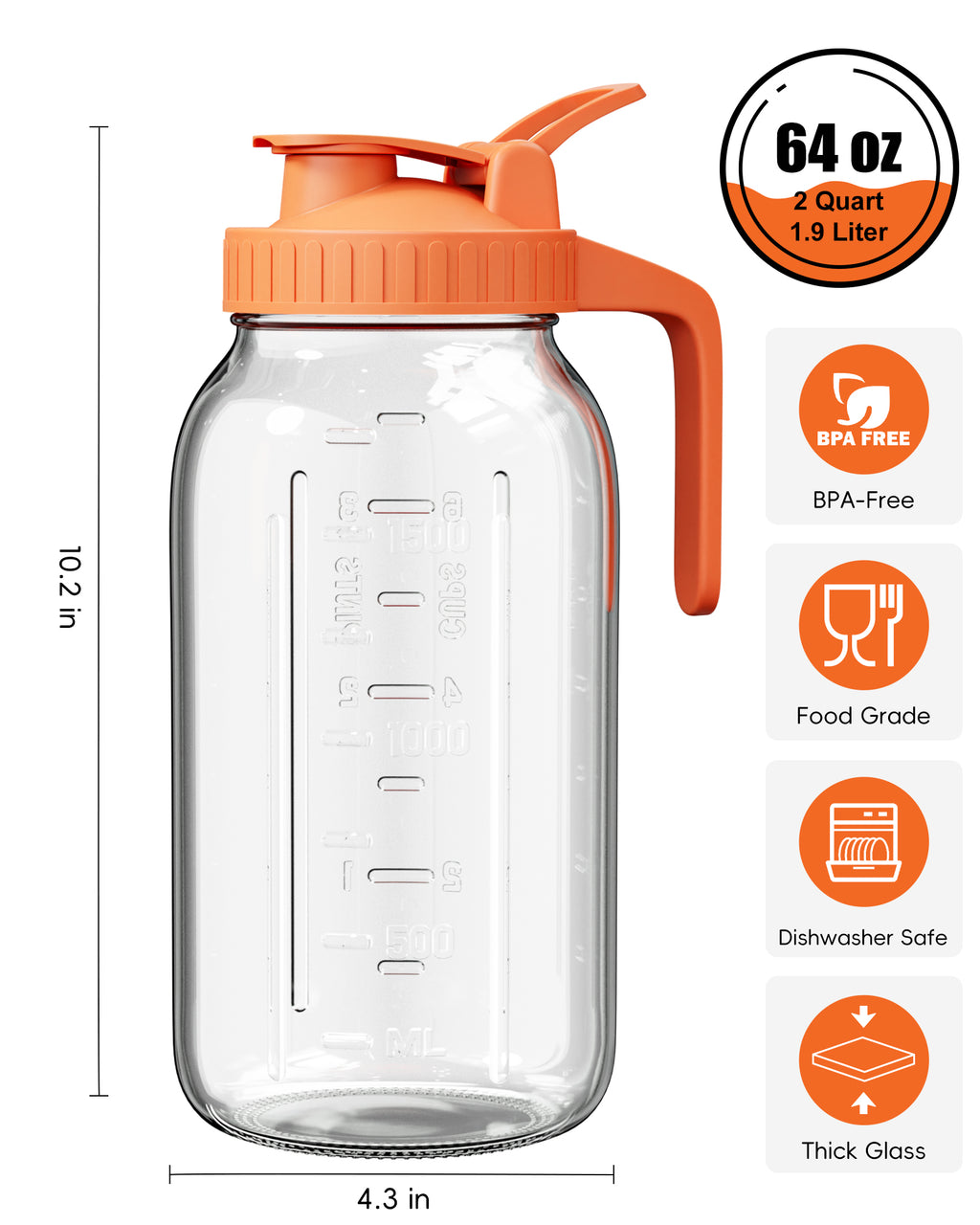 VA1KENE Glass Pitcher 64 oz Mason Jar Pitcher with Lid and Spout Leakproof for Drinks Juice Coffee Milk Tea Orange