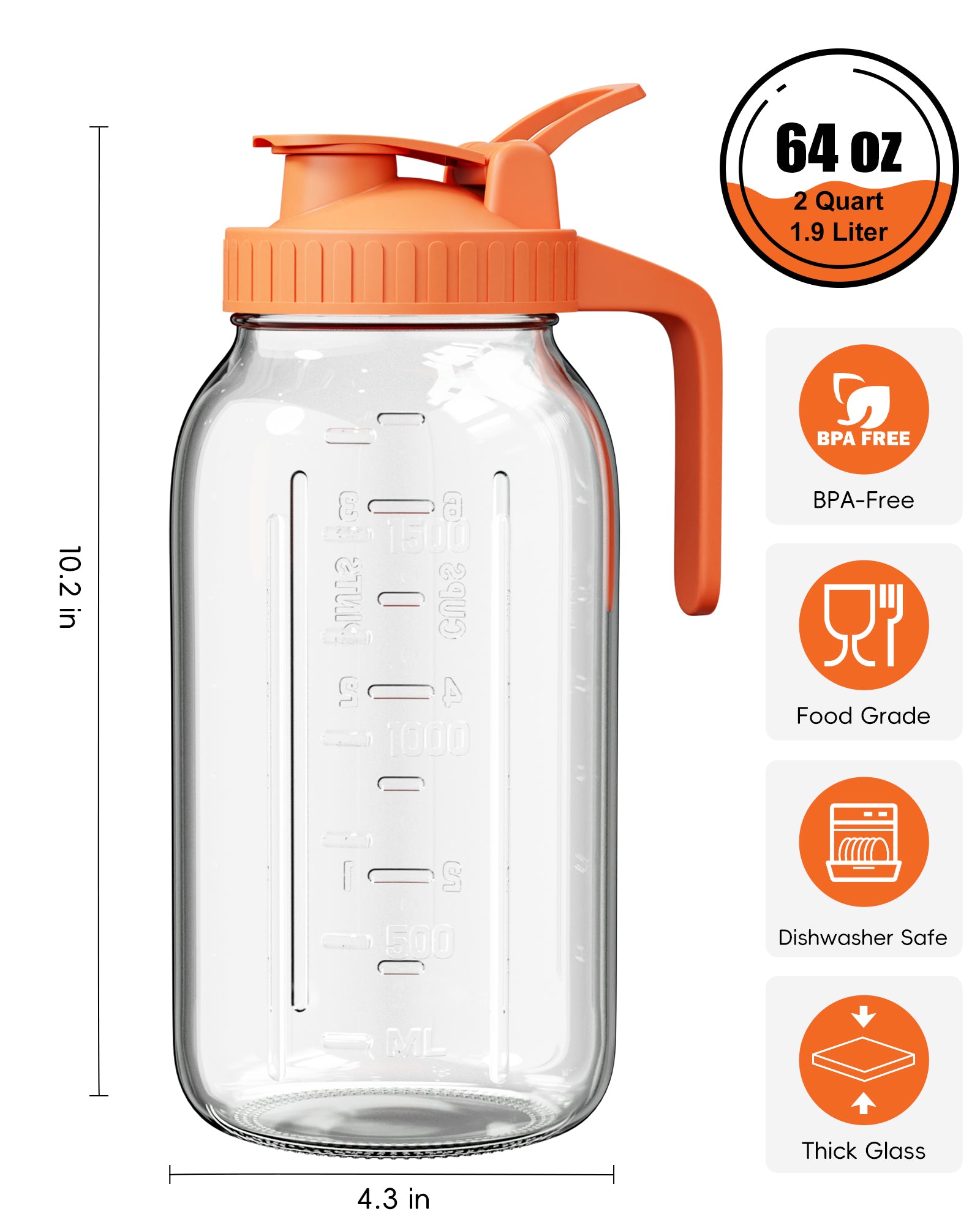 VA1KENE Glass Pitcher 64 oz Mason Jar Pitcher with Lid and Spout Leakproof for Drinks Juice Coffee Milk Tea Orange