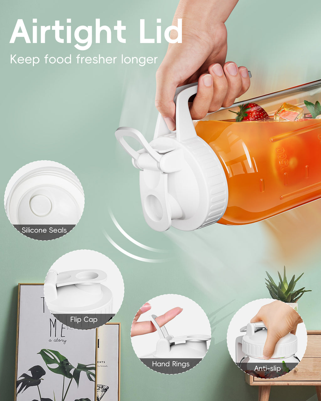 VA1KENE Glass Pitcher 64 oz Mason Jar Pitcher with Lid and Spout Leakproof for Drinks Juice Coffee Milk Tea White