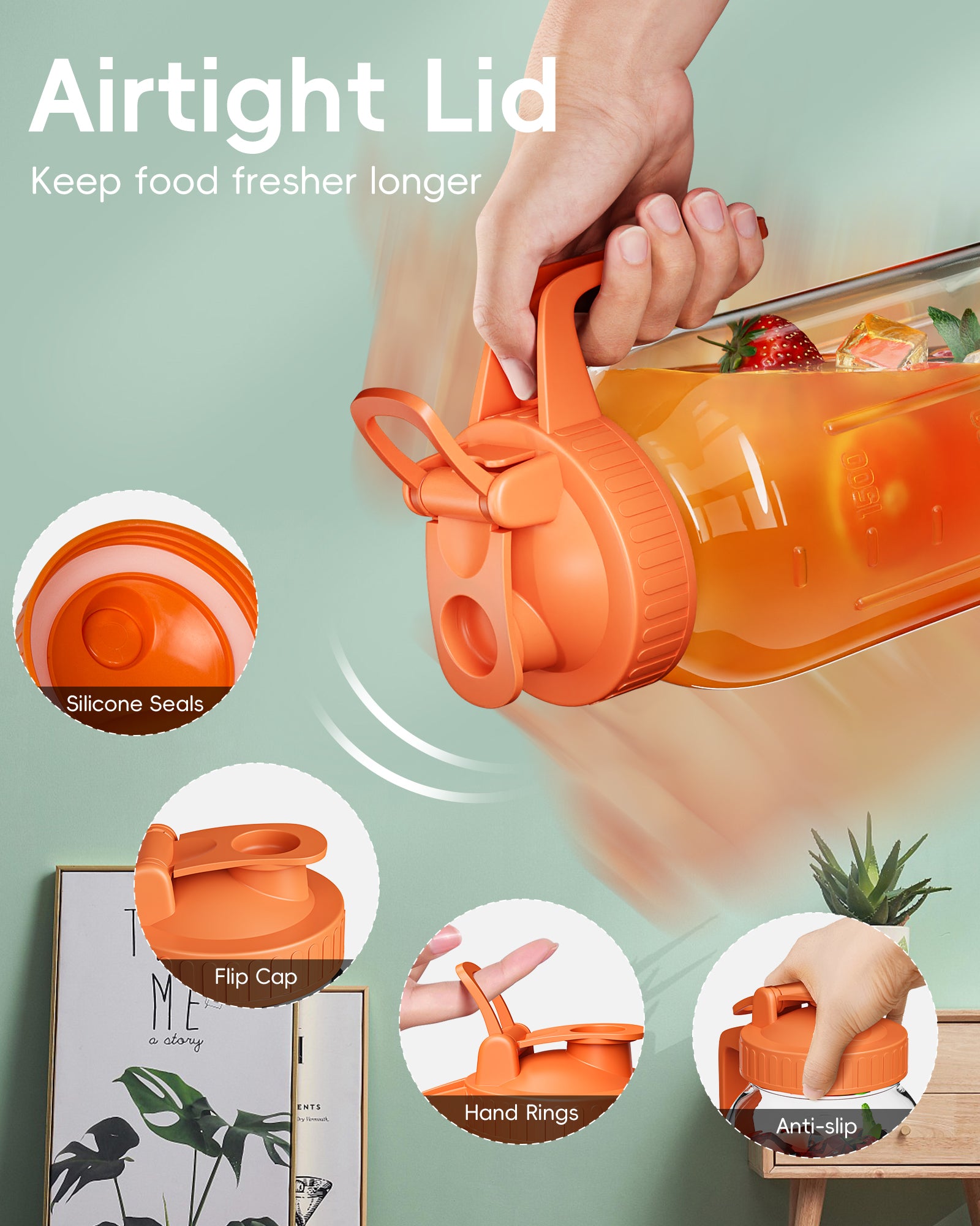VA1KENE Glass Pitcher 64 oz Mason Jar Pitcher with Lid and Spout Leakproof for Drinks Juice Coffee Milk Tea Orange