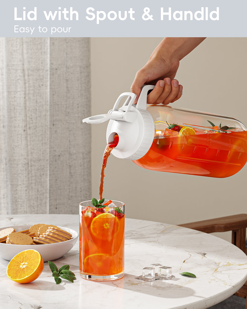 VA1KENE Glass Pitcher 64 oz Mason Jar Pitcher with Lid and Spout Leakproof for Drinks Juice Coffee Milk Tea White