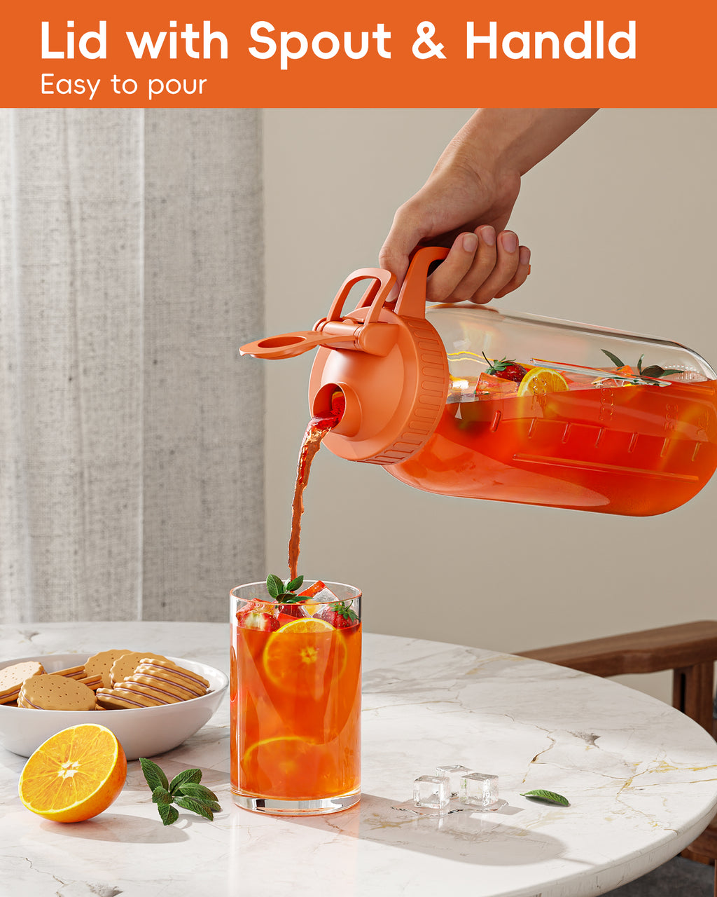 VA1KENE Glass Pitcher 64 oz Mason Jar Pitcher with Lid and Spout Leakproof for Drinks Juice Coffee Milk Tea Orange