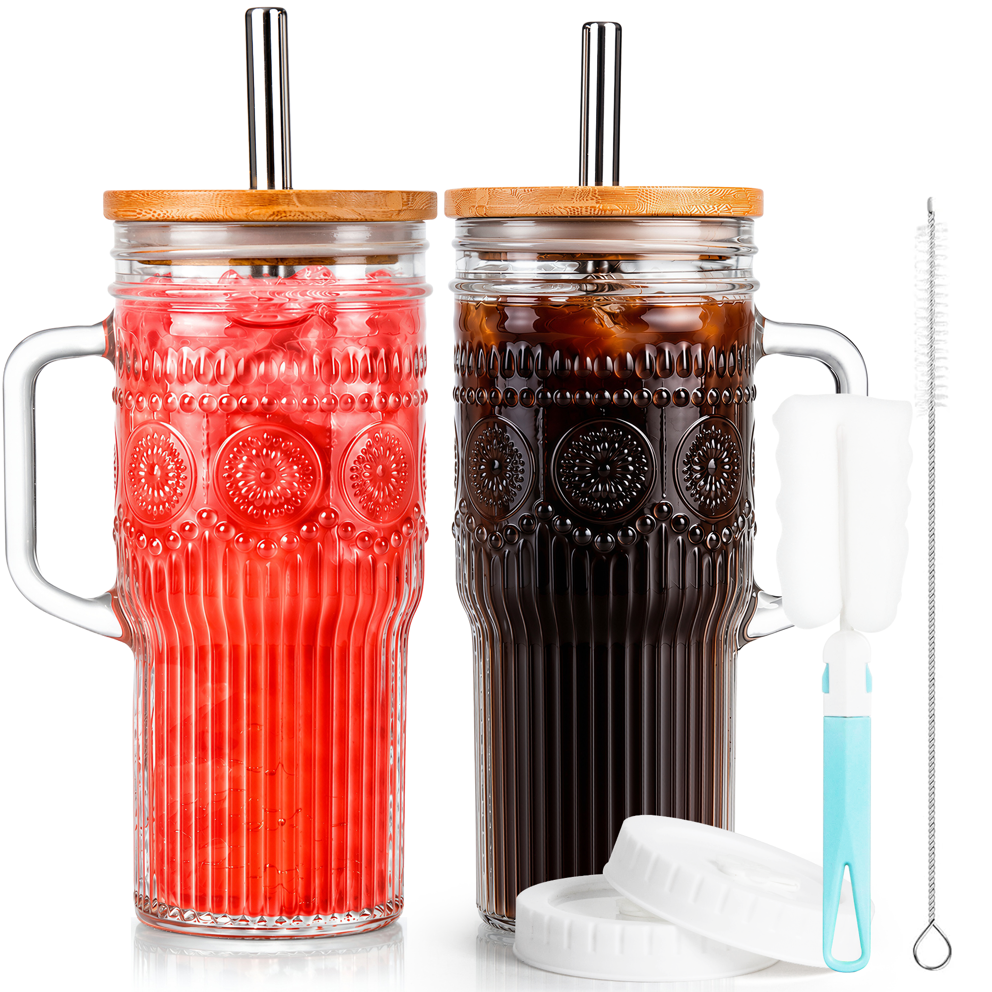 VA1KENE 22oz 2 Piece Glass Tumbler with Lids and Straws Bohemian Glass Drinking Cups with Handle for Juice Tea Smoothies