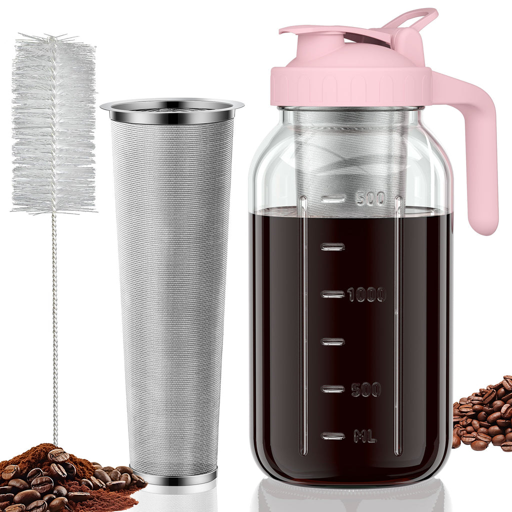 VA1KENE Cold Brew Coffee Pitcher 64oz Cold Brew Maker with Stainless Steel Filter Mason Jar Pitcher Pour Spout Handle Lid for Iced Coffee Tea Lemonade Pink