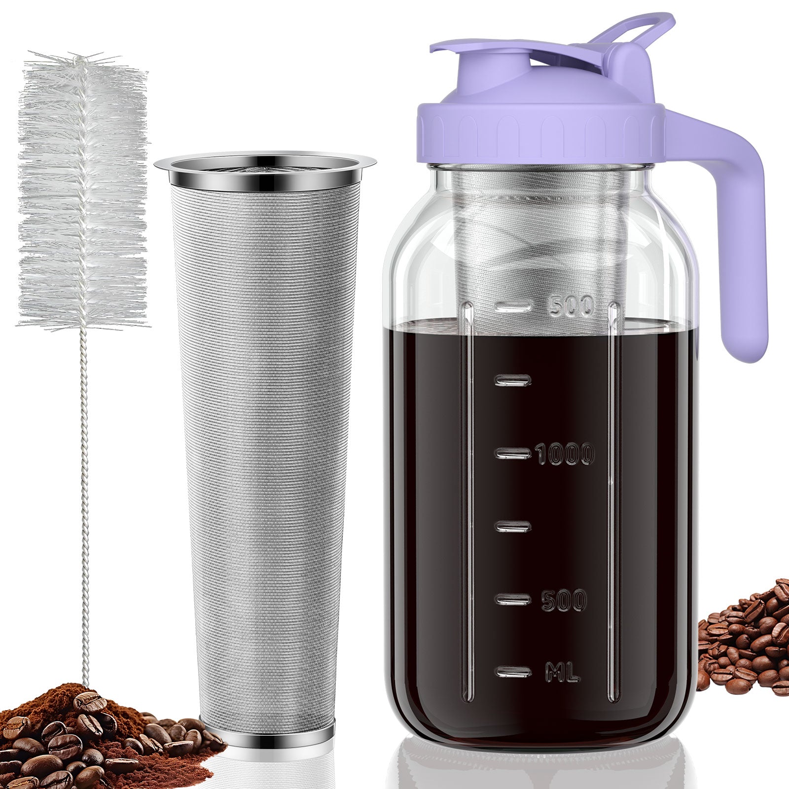 VA1KENE Cold Brew Coffee Maker 64oz Cold Brew Pitcher with Stainless Steel Filter Mason Jar Pitcher Pour Spout Handle Lid for Iced Coffee Tea Lemonade Purple