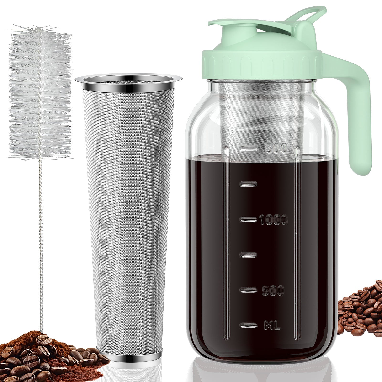 VA1KENE Cold Brew Coffee Pitcher 64oz Mason Jar Pitcher with Stainless Steel Filter Pour Spout Handle Lid Cold Brew Pitcher for Iced Coffee Tea Lemonade Green