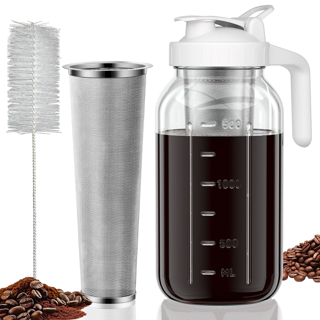 VA1KENE Cold Brew Coffee Maker 64oz Cold Brew Pitcher with Stainless Steel Filter Mason Jar Pitcher Pour Spout Handle Lid for Iced Coffee Tea Lemonade White