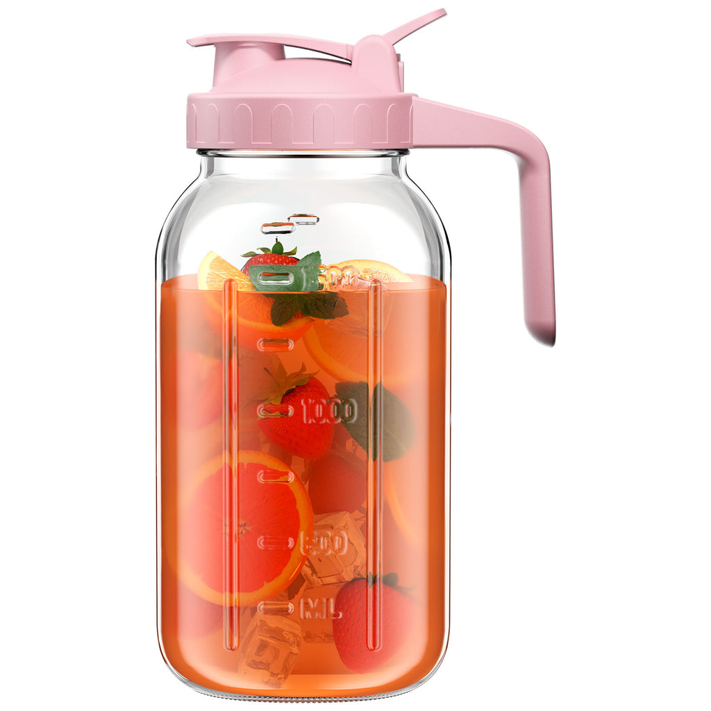 VA1KENE Mason Jar Pitcher 2 Quart Glass Pitcher with Lid and Pour Spout Leakproof for Juice Coffee Milk Beverages Tea Pink