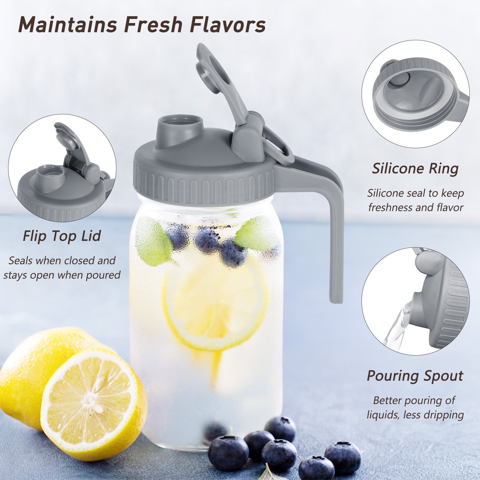 VA1KENE Glass Pitcher with Lid, Mason Jar Pitcher with Spout and Handle for Lemonade, Iced Drinks, and Sun Tea 64oz Gray