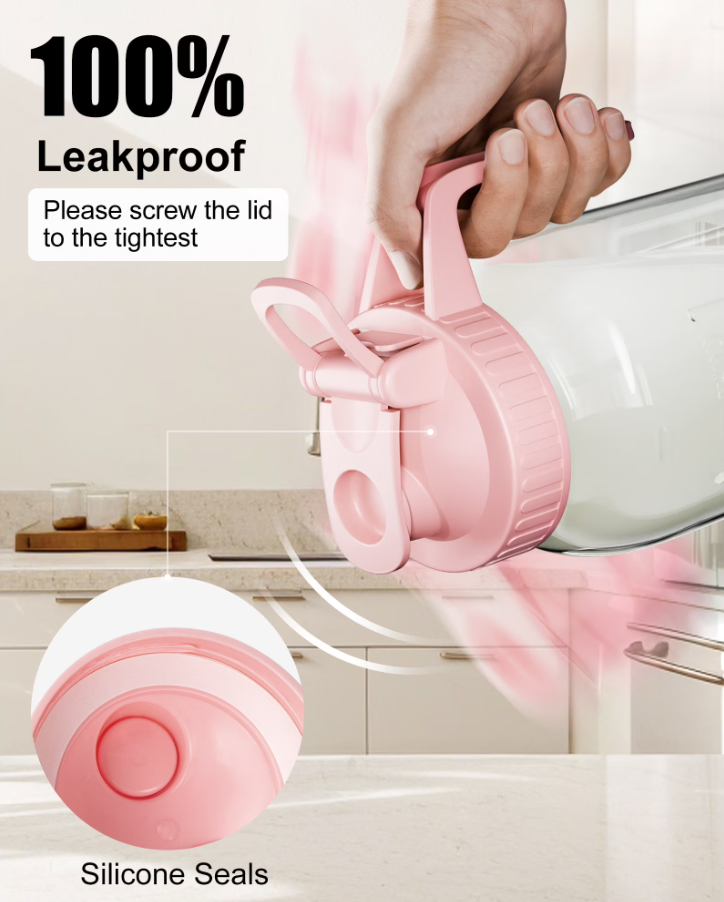Breast Milk Pitcher 32oz Mason Jar with Wide Mouth and Handle-Pink Glass Pitcher with Flip Cap Lid and Pour Spout Airtight Seal for Cold Beverages