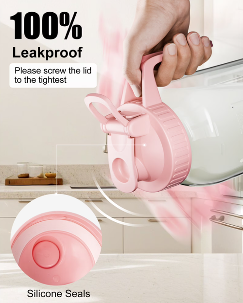 Breast Milk Pitcher 32oz Mason Jar with Wide Mouth and Handle-Pink Glass Pitcher with Flip Cap Lid and Pour Spout Airtight Seal for Cold Beverages