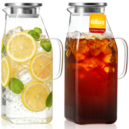 Borosilicate Glass Pitcher with Lid & Handle – Heat Resistant Glass Carafe for Hot & Cold Drinks, Iced Tea, Coffee & Fridge Storage