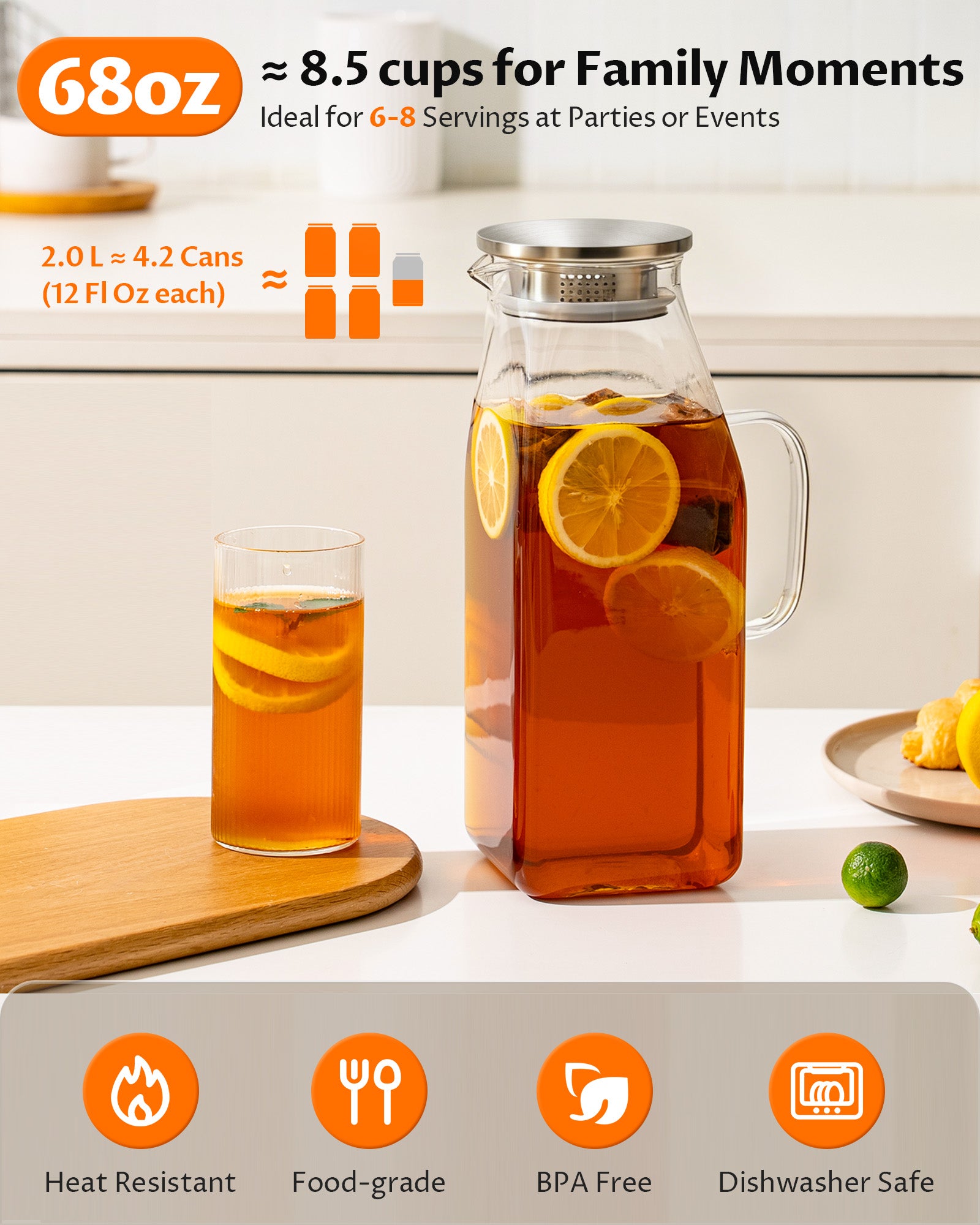 Borosilicate Glass Pitcher with Lid & Handle – Heat Resistant Glass Carafe for Hot & Cold Drinks, Iced Tea, Coffee & Fridge Storage