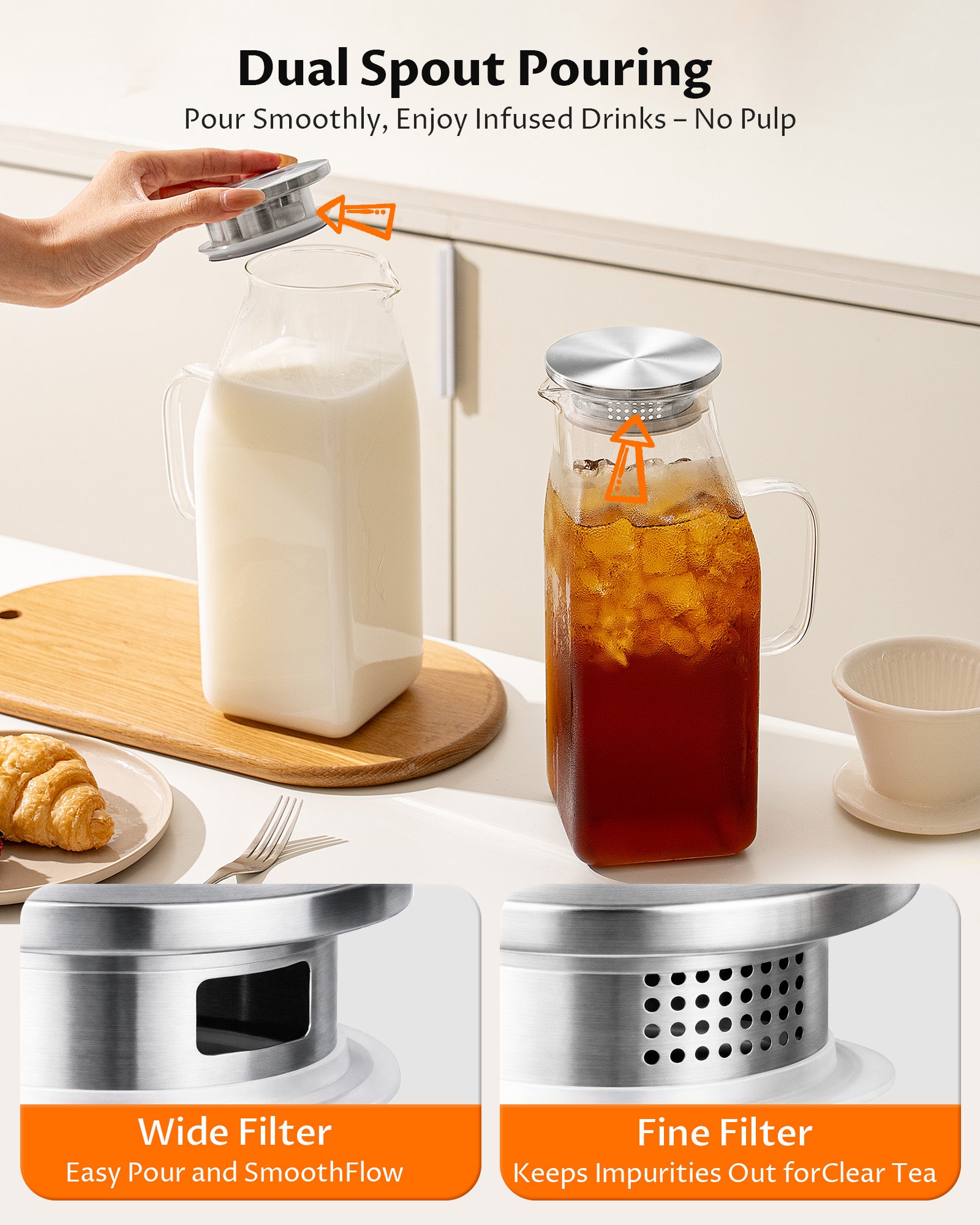 Borosilicate Glass Pitcher with Lid & Handle – Heat Resistant Glass Carafe for Hot & Cold Drinks, Iced Tea, Coffee & Fridge Storage