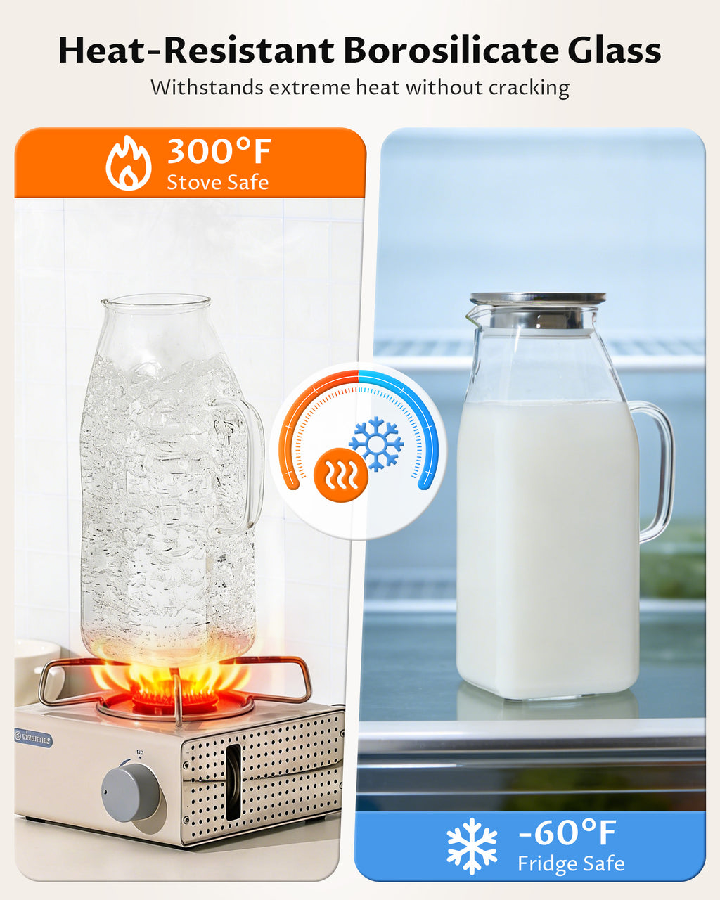 Borosilicate Glass Pitcher with Lid & Handle – Heat Resistant Glass Carafe for Hot & Cold Drinks, Iced Tea, Coffee & Fridge Storage