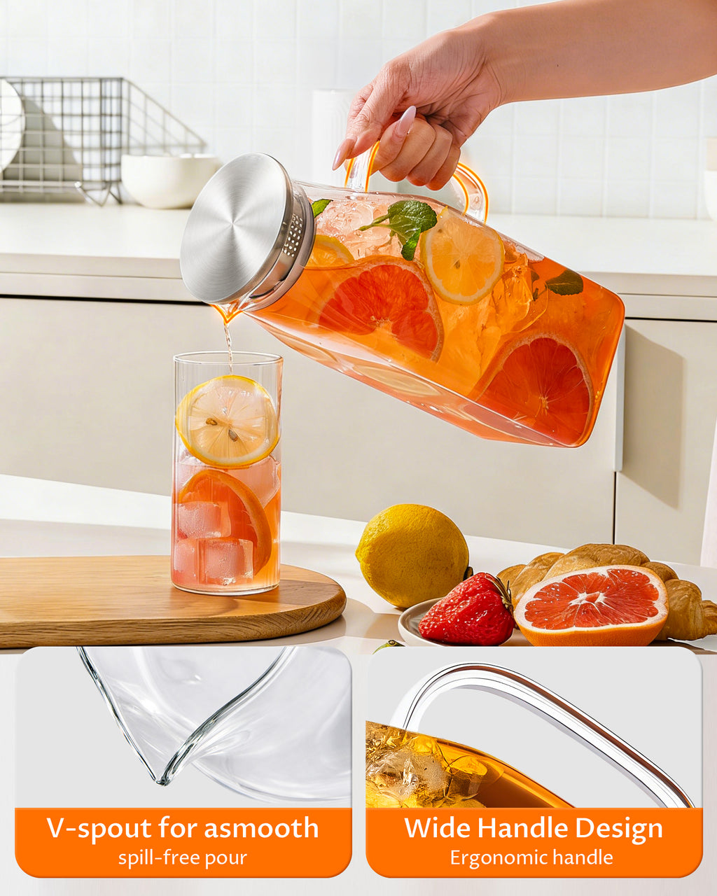 Borosilicate Glass Pitcher with Lid & Handle – Heat Resistant Glass Carafe for Hot & Cold Drinks, Iced Tea, Coffee & Fridge Storage
