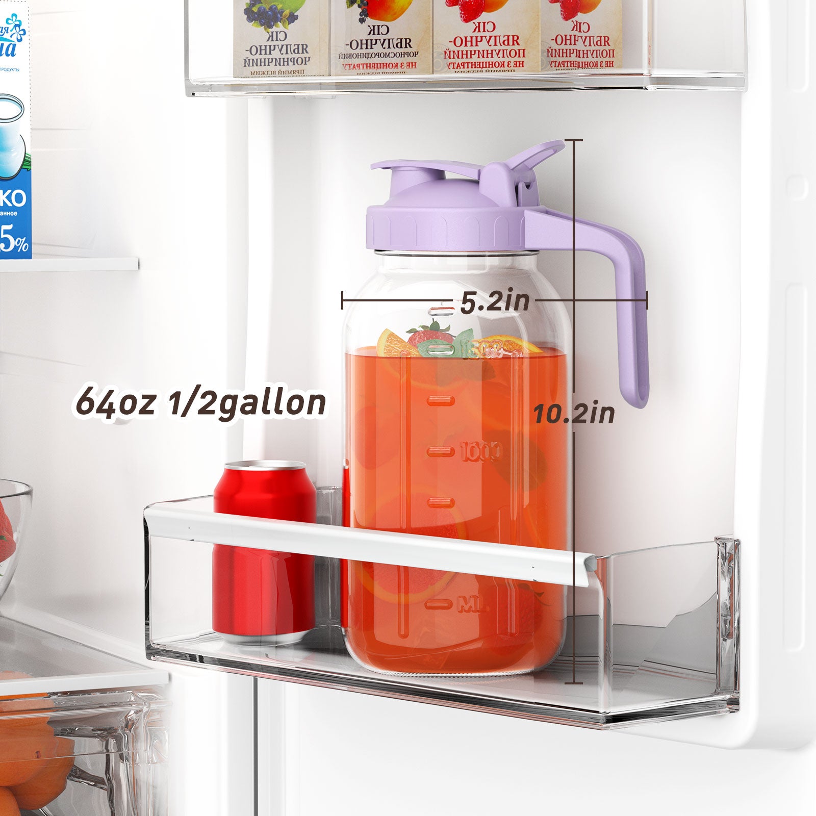 VA1KENE Glass Pitcher 64 oz Mason Jar Pitcher with Lid and Spout Leakproof for Drinks Juice Coffee Milk Tea Purple