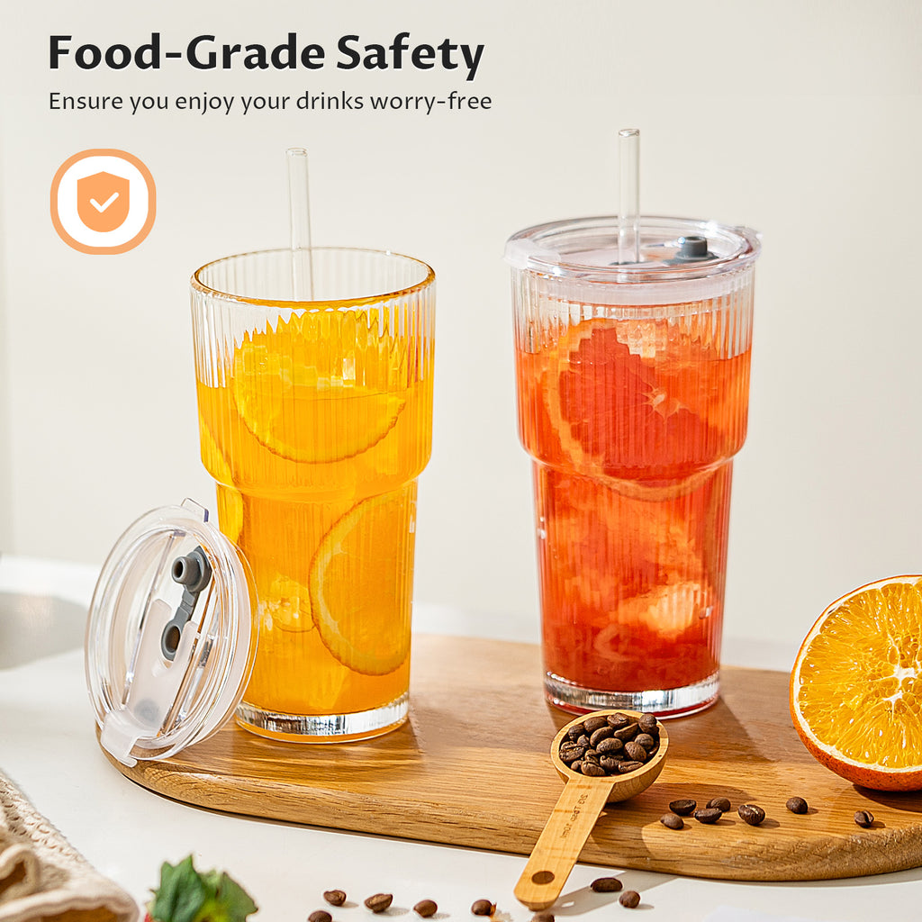 VA1KENE 20oz Glass Tumbler with Straw and Lid Leakproof Glass Cups for Iced Coffee, Juice, Tea, Smoothies, Beer Clear 2 Pack
