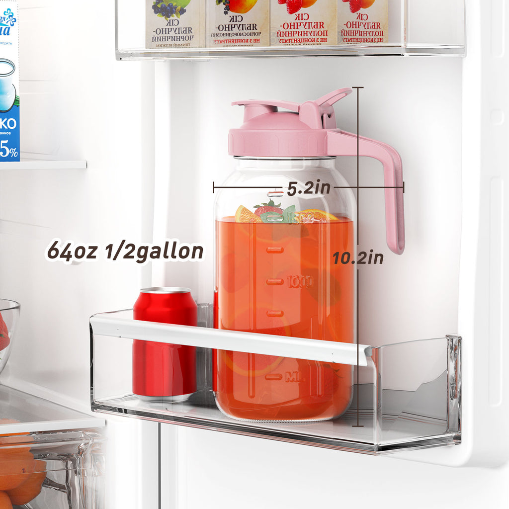 VA1KENE Mason Jar Pitcher 2 Quart Glass Pitcher with Lid and Pour Spout Leakproof for Juice Coffee Milk Beverages Tea Pink