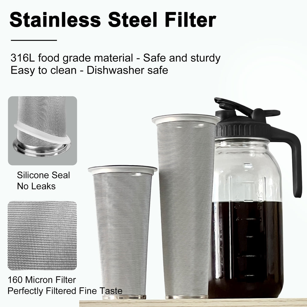 VA1KENE 64oz Cold Brew Coffee Pitcher Ice Coffee Maker with Spout, Handle & Stainless Steel Filter Coffee Maker with lid for Home Kitchen-Black