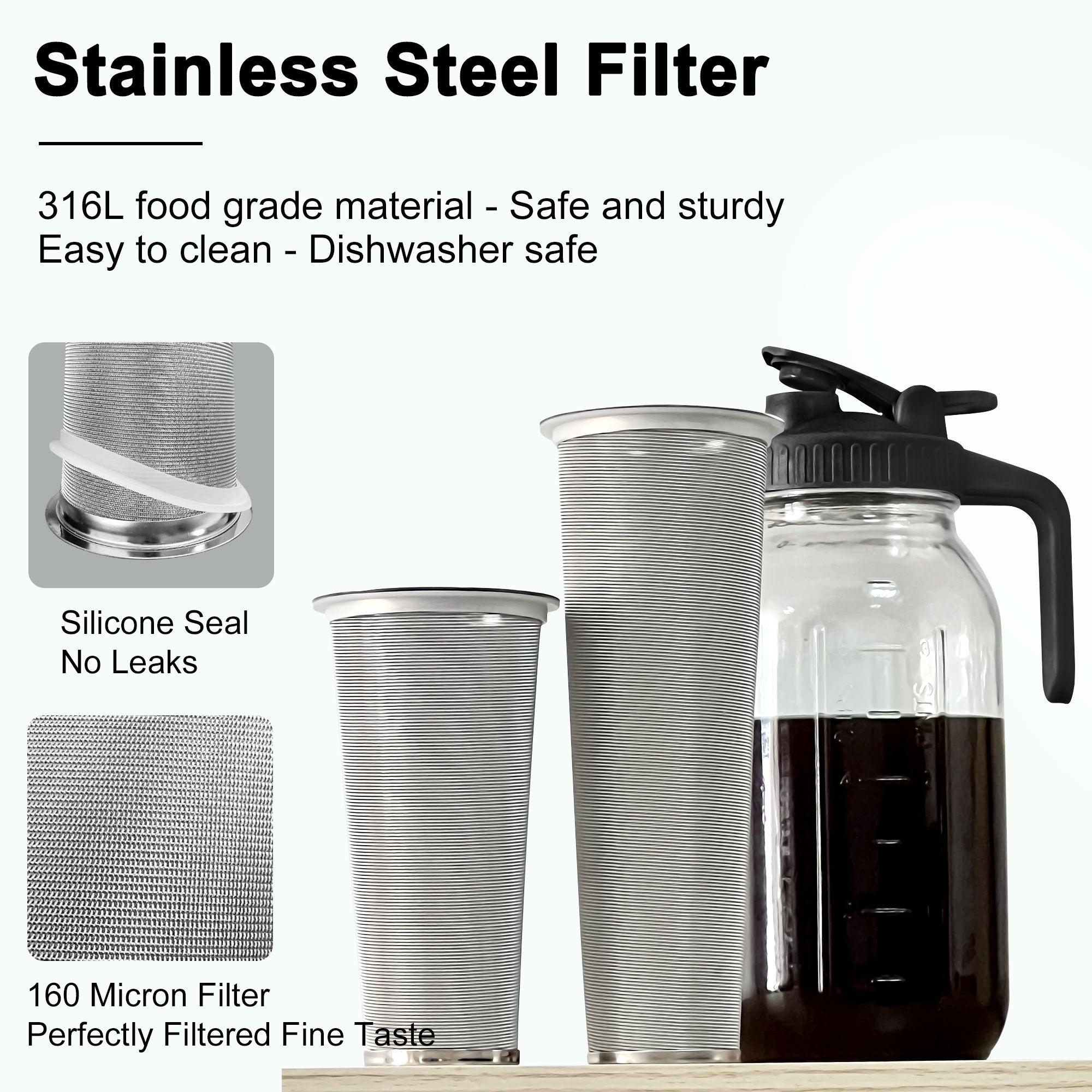 VA1KENE 64oz Cold Brew Coffee Pitcher Ice Coffee Maker with Spout, Handle & Stainless Steel Filter Coffee Maker with lid for Home Kitchen-Black