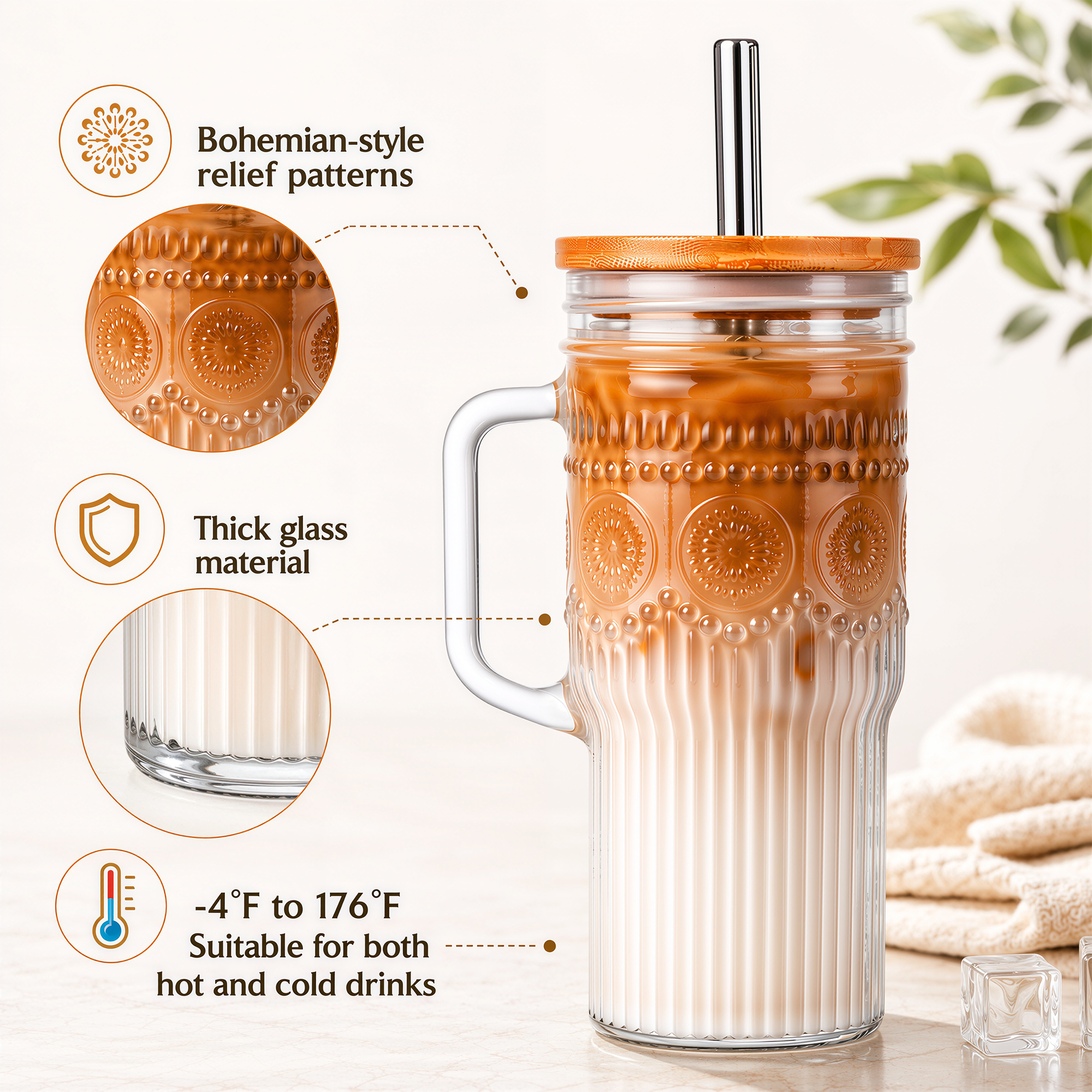 VA1KENE 22oz 2 Piece Glass Tumbler with Lids and Straws Bohemian Glass Drinking Cups with Handle for Juice Tea Smoothies