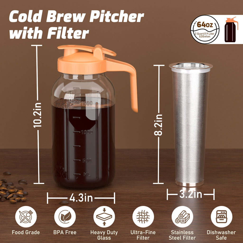VA1KENE Cold Brew Coffee Maker 64oz Cold Brew Pitcher with Stainless Steel Filter Mason Jar Pitcher Pour Spout Handle Lid for Iced Coffee Tea Lemonade Orange