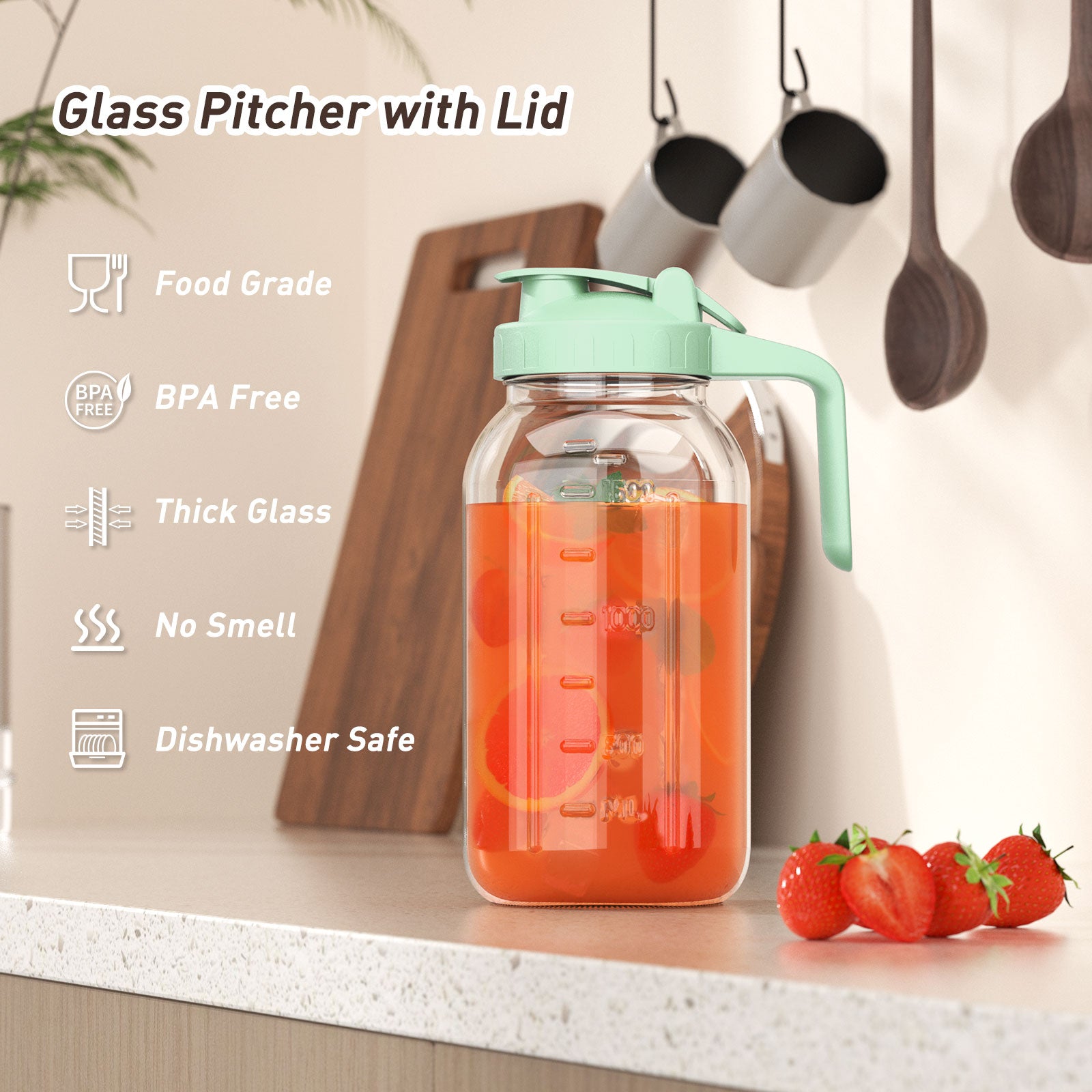 VA1KENE Glass Pitcher with Lid and Pour Spout 64 oz Mason Jar Pitcher Leakproof for Juice Coffee Milk Beverages Tea Green