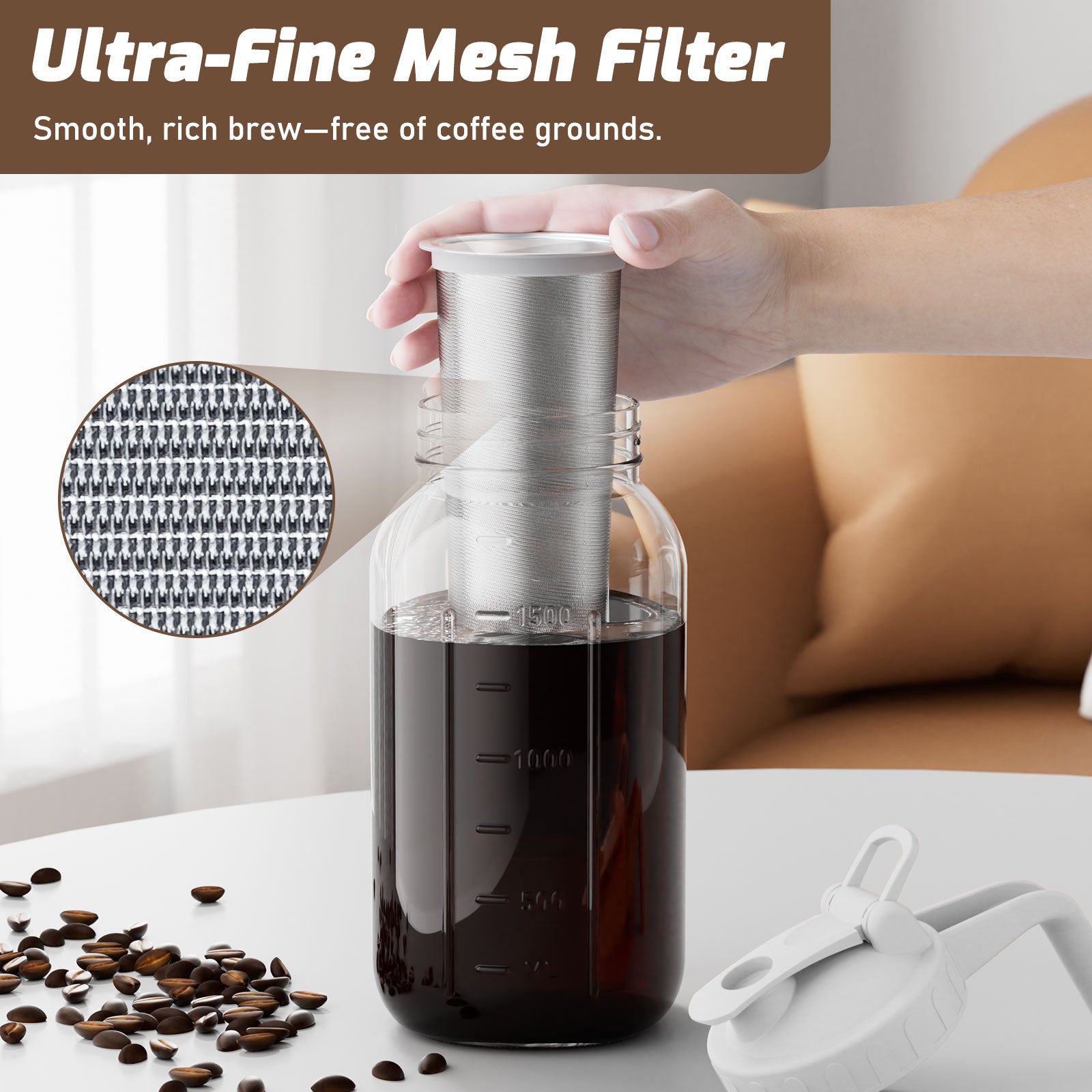 VA1KENE Cold Brew Coffee Maker 64oz Cold Brew Pitcher with Stainless Steel Filter Mason Jar Pitcher Pour Spout Handle Lid for Iced Coffee Tea Lemonade White