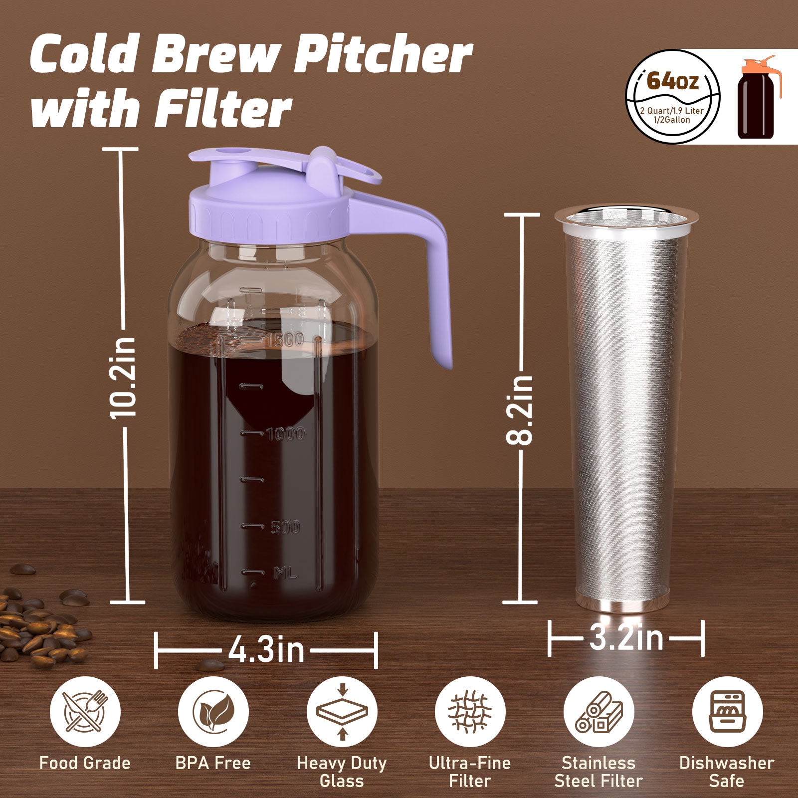 VA1KENE Cold Brew Coffee Maker 64oz Cold Brew Pitcher with Stainless Steel Filter Mason Jar Pitcher Pour Spout Handle Lid for Iced Coffee Tea Lemonade Purple