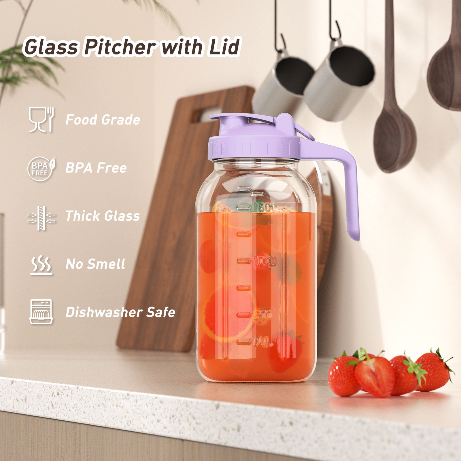 VA1KENE Glass Pitcher 64 oz Mason Jar Pitcher with Lid and Spout Leakproof for Drinks Juice Coffee Milk Tea Purple