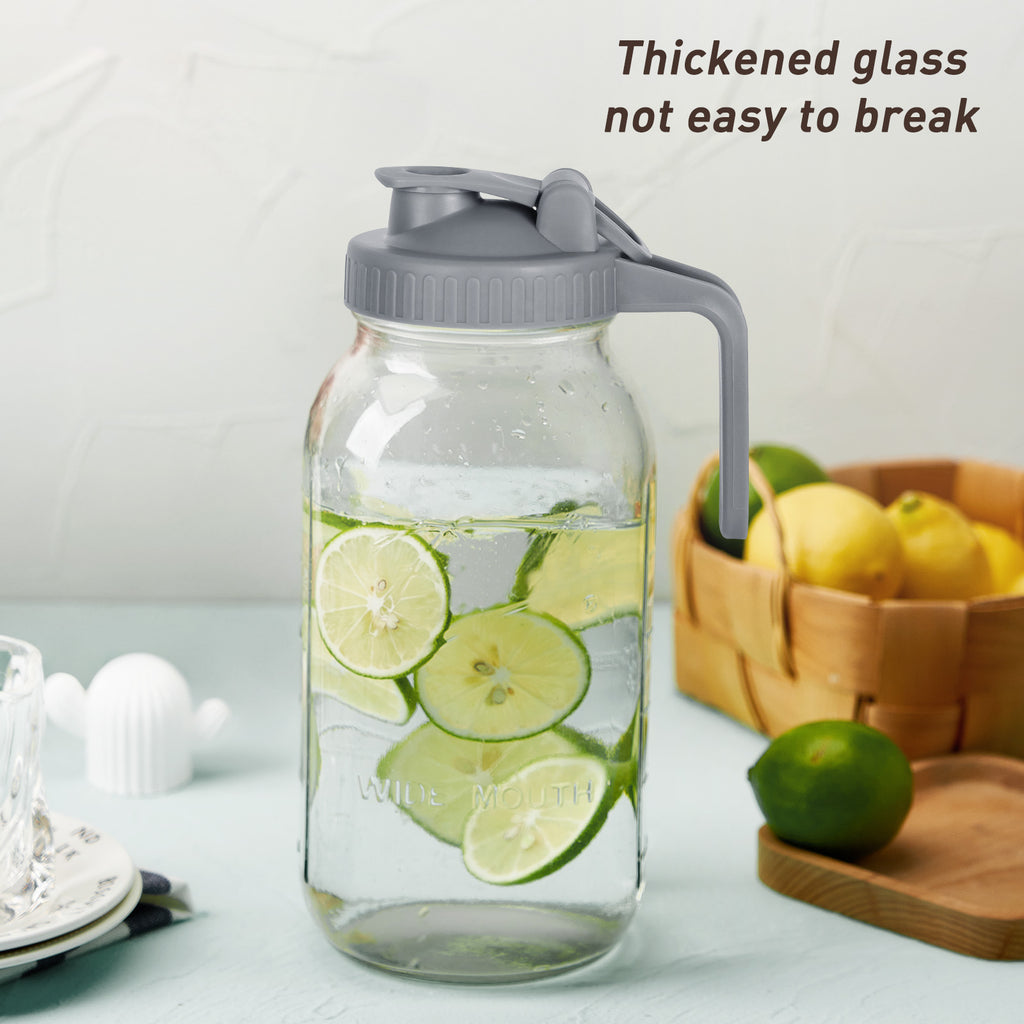 VA1KENE Glass Pitcher with Lid, Mason Jar Pitcher with Spout and Handle for Lemonade, Iced Drinks, and Sun Tea 64oz Gray