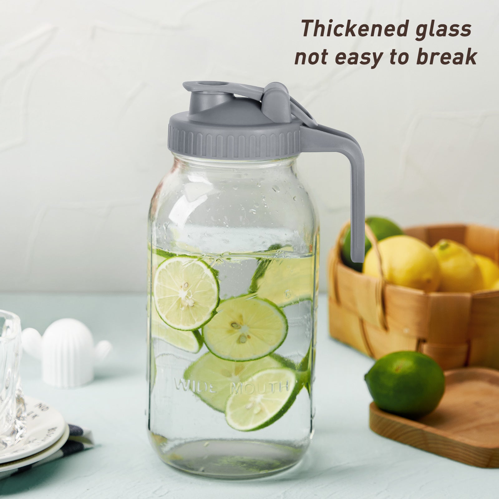 VA1KENE Glass Pitcher with Lid, Mason Jar Pitcher with Spout and Handle for Lemonade, Iced Drinks, and Sun Tea 64oz Gray