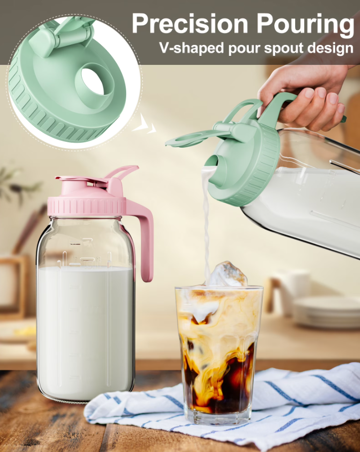 Breast Milk Pitcher 32oz Mason Jar with Wide Mouth and Handle-Pink Glass Pitcher with Flip Cap Lid and Pour Spout Airtight Seal for Cold Beverages