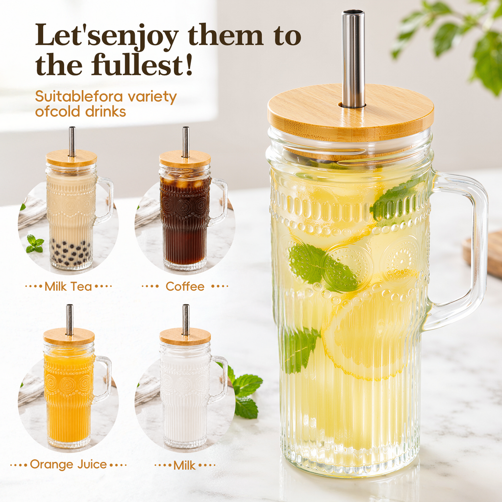 VA1KENE 22oz 2 Piece Glass Tumbler with Lids and Straws Bohemian Glass Drinking Cups with Handle for Juice Tea Smoothies