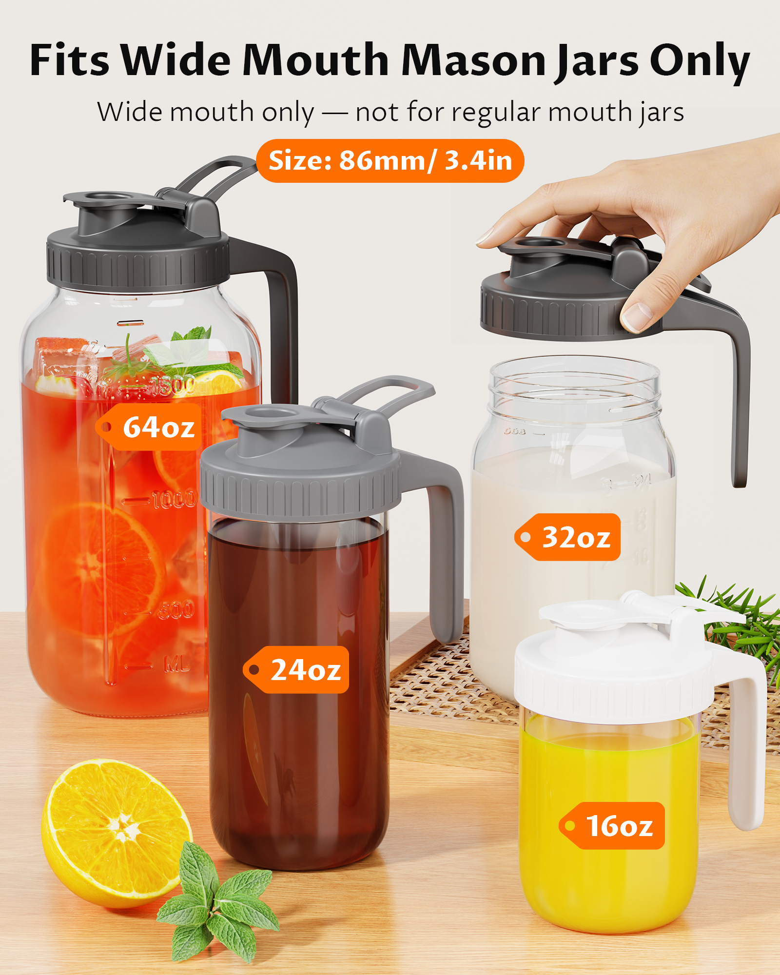 VA1KENE Wide Mouth Mason Jar Pour Spout Lid with Handle Mason Jar Pitcher Lid Flip Cap Leak Proof 4 Pack
