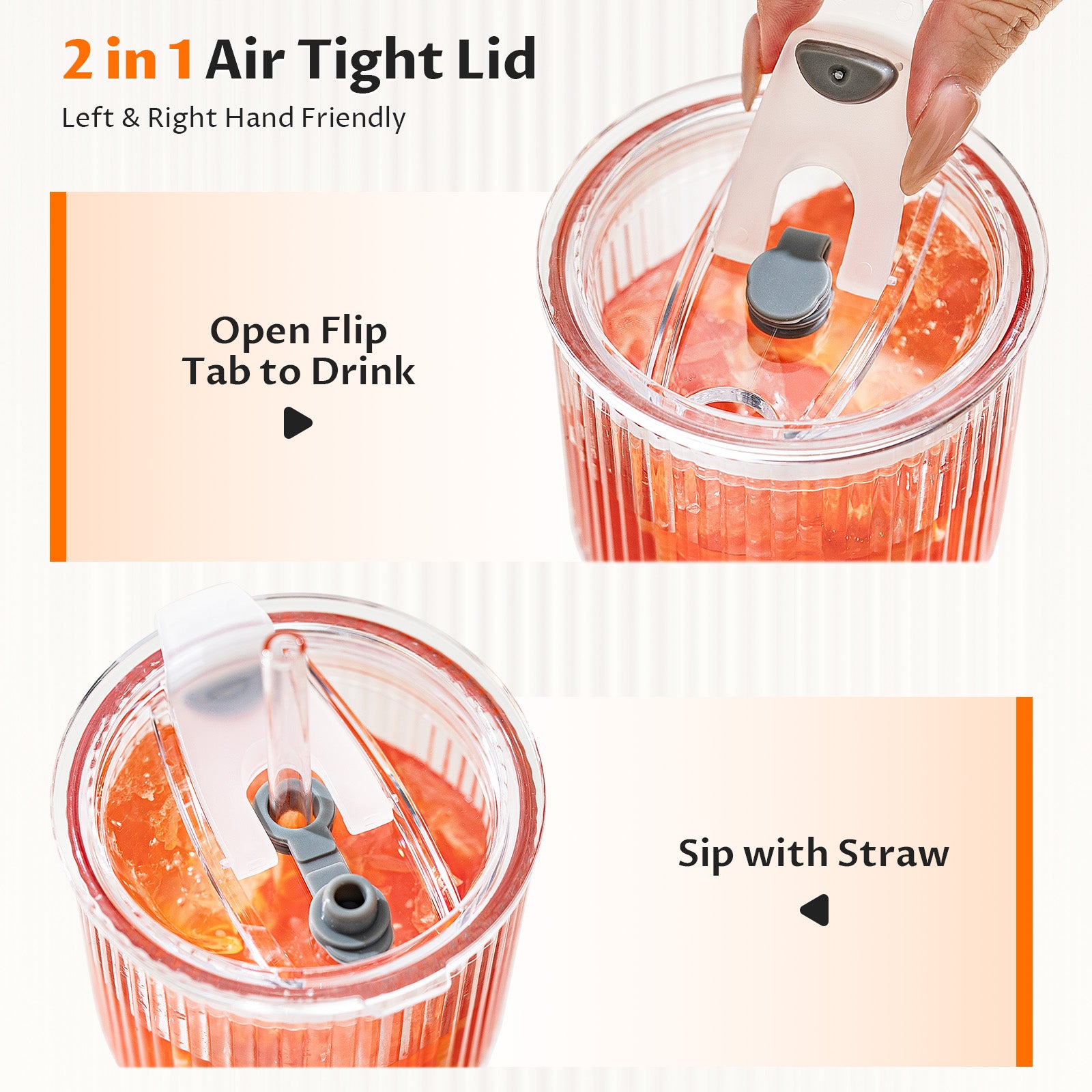 VA1KENE 20oz Glass Tumbler with Straw and Lid Leakproof Glass Cups for Iced Coffee, Juice, Tea, Smoothies, Beer Clear 2 Pack