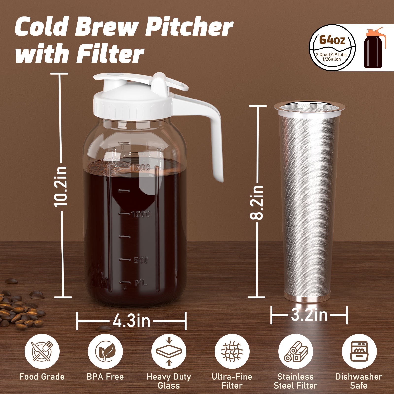 VA1KENE Cold Brew Coffee Maker 64oz Cold Brew Pitcher with Stainless Steel Filter Mason Jar Pitcher Pour Spout Handle Lid for Iced Coffee Tea Lemonade White