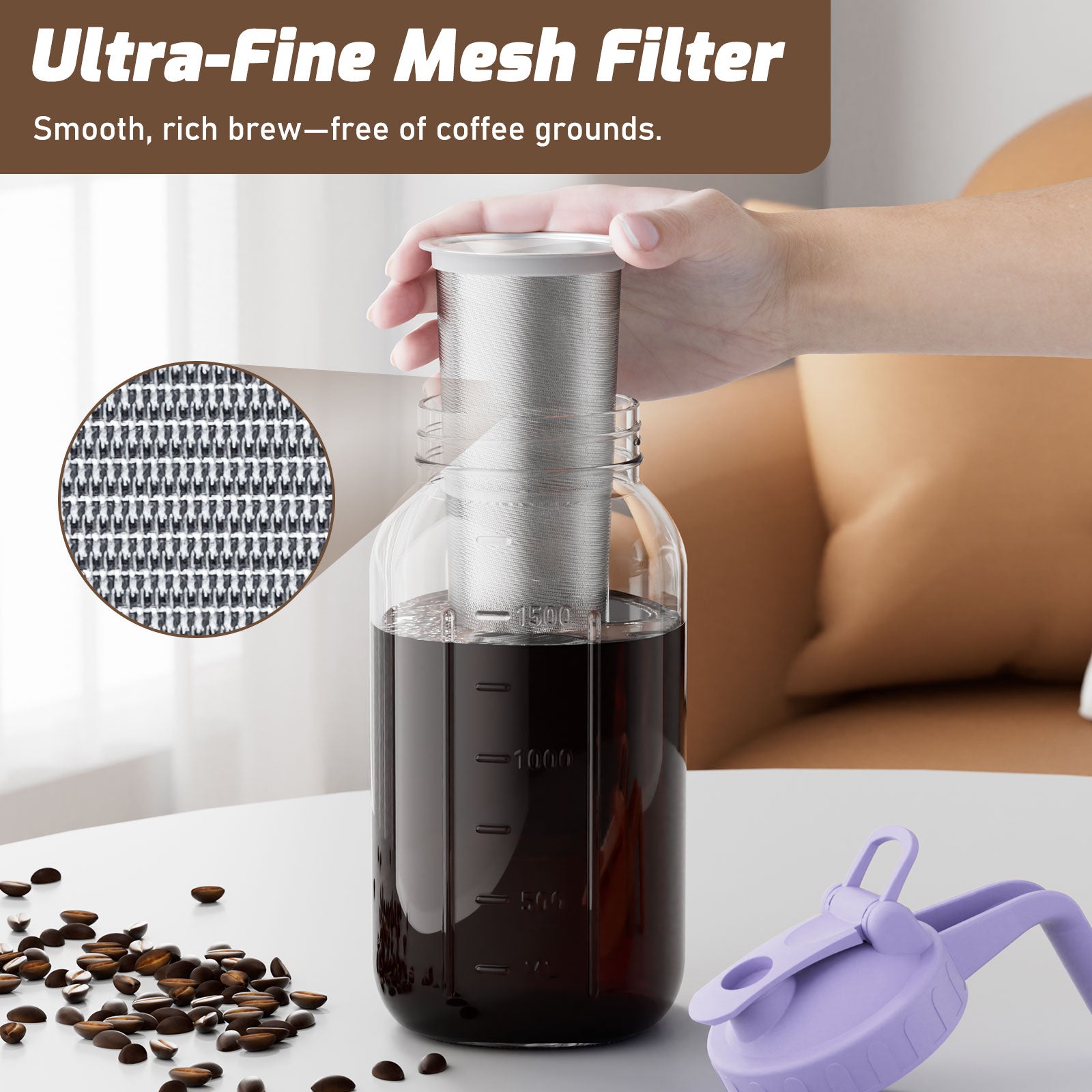 VA1KENE Cold Brew Coffee Maker 64oz Cold Brew Pitcher with Stainless Steel Filter Mason Jar Pitcher Pour Spout Handle Lid for Iced Coffee Tea Lemonade Purple