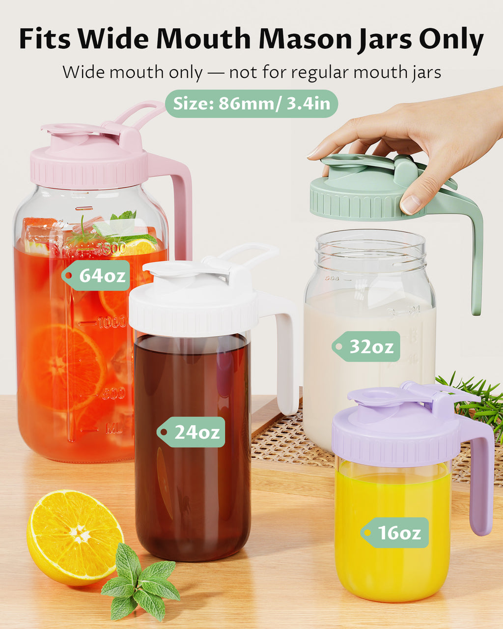 VA1KENE Wide Mouth Mason Jar Pour Spout Lid with Handle Mason Jar Pitcher Lid Flip Cap Leak Proof 4 Pack
