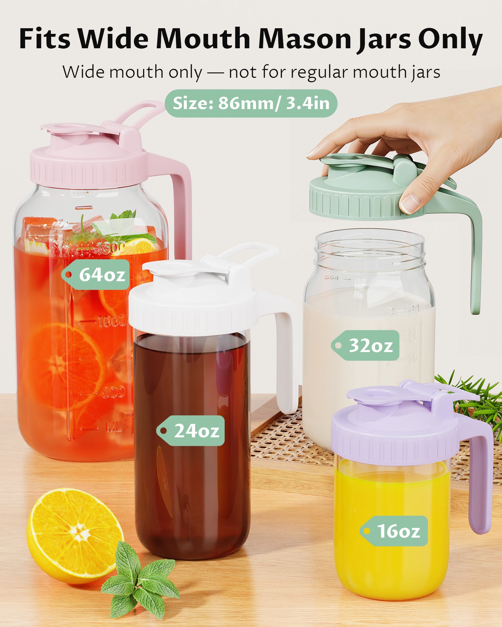 VA1KENE Wide Mouth Mason Jar Pour Spout Lid with Handle Mason Jar Pitcher Lid Flip Cap Leak Proof 4 Pack