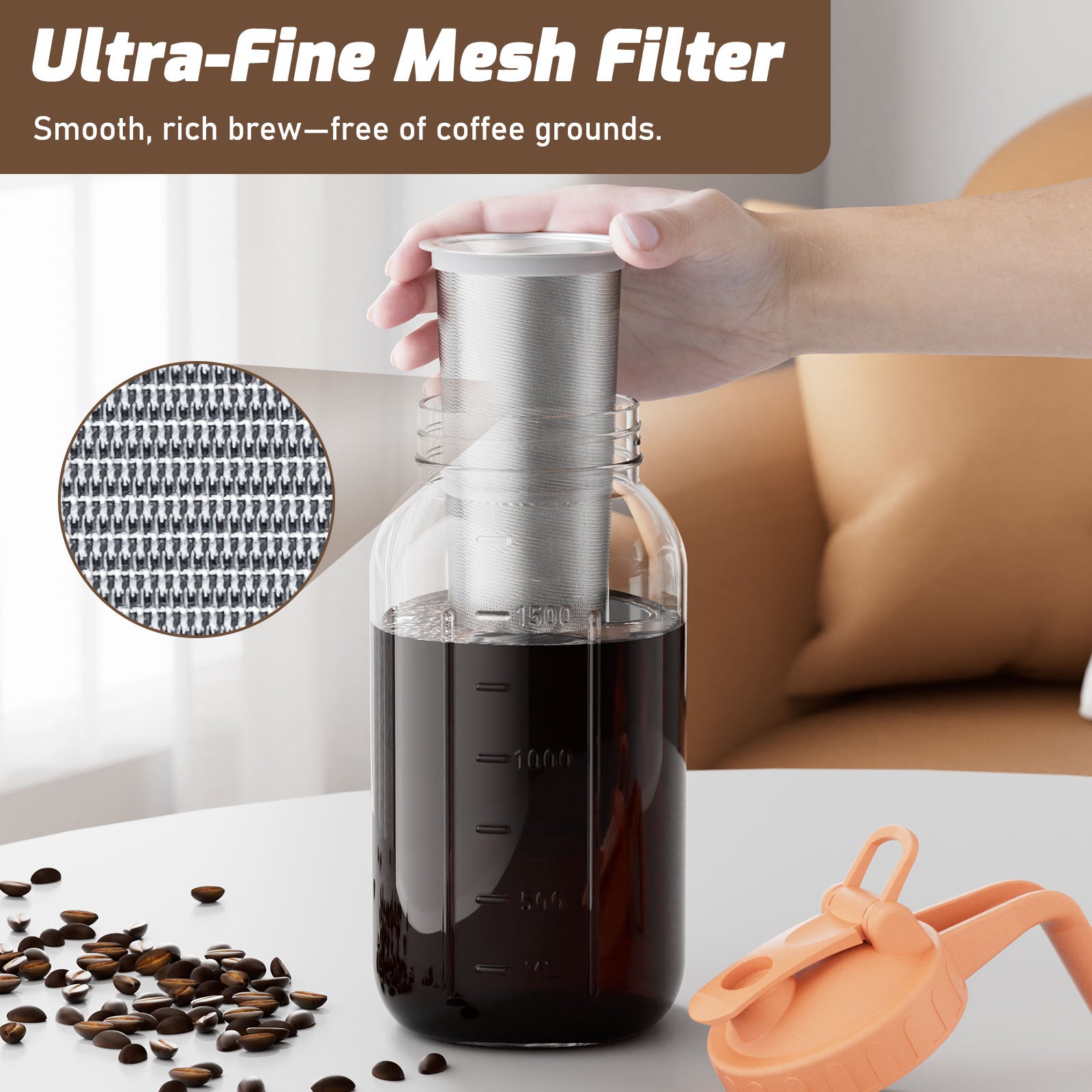 VA1KENE Cold Brew Coffee Maker 64oz Cold Brew Pitcher with Stainless Steel Filter Mason Jar Pitcher Pour Spout Handle Lid for Iced Coffee Tea Lemonade Orange