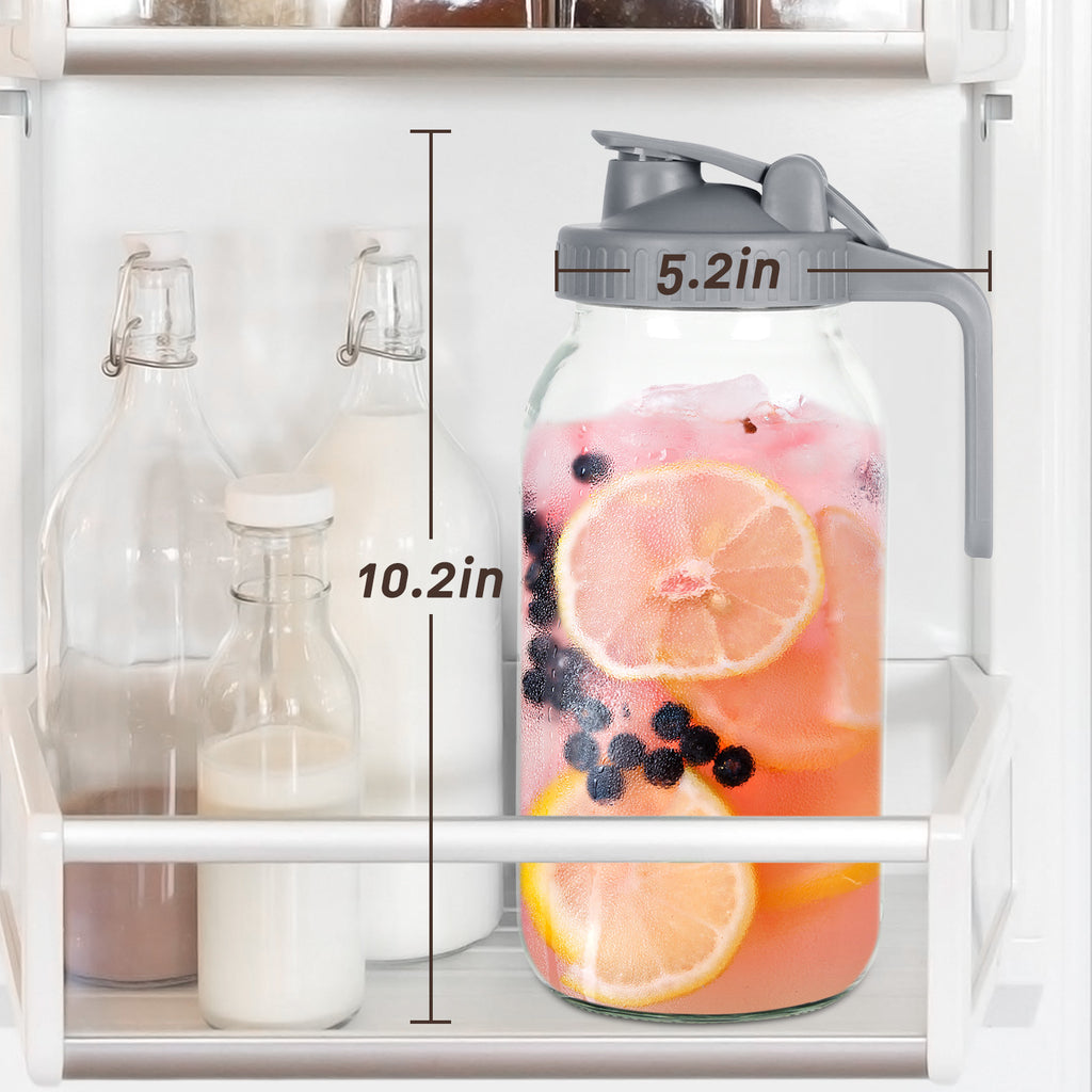 VA1KENE Glass Pitcher with Lid, Mason Jar Pitcher with Spout and Handle for Lemonade, Iced Drinks, and Sun Tea 64oz Gray