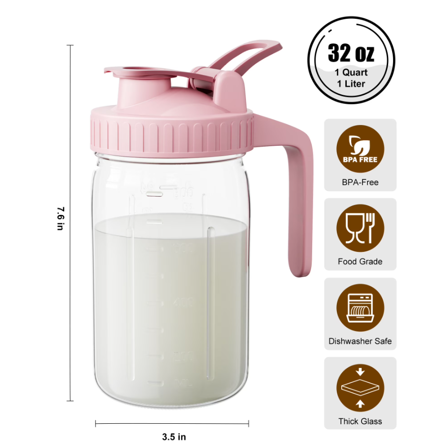 Breast Milk Pitcher 32oz Mason Jar with Wide Mouth and Handle-Pink Glass Pitcher with Flip Cap Lid and Pour Spout Airtight Seal for Cold Beverages