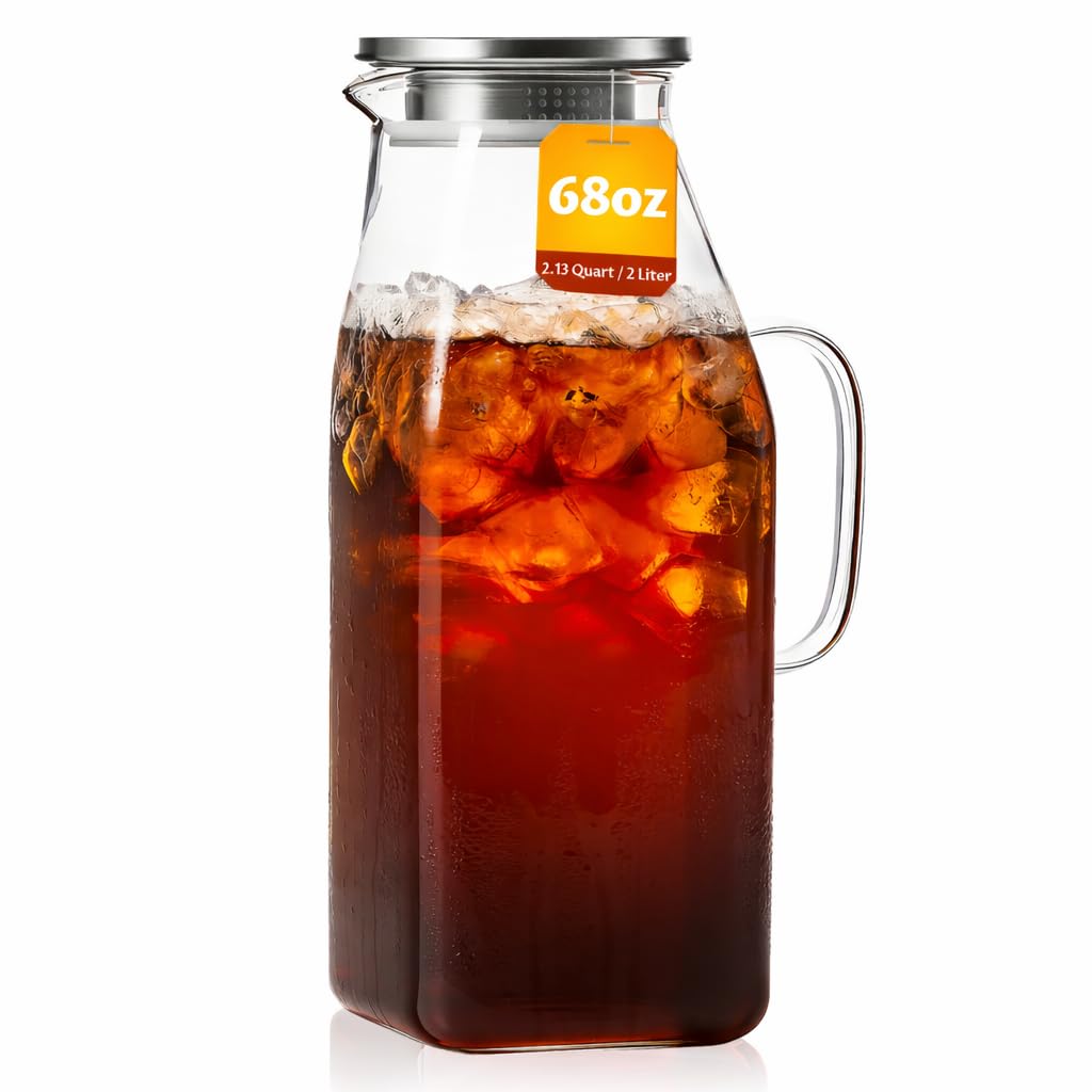 Borosilicate Glass Pitcher with Lid & Handle – Heat Resistant Glass Carafe for Hot & Cold Drinks, Iced Tea, Coffee & Fridge Storage