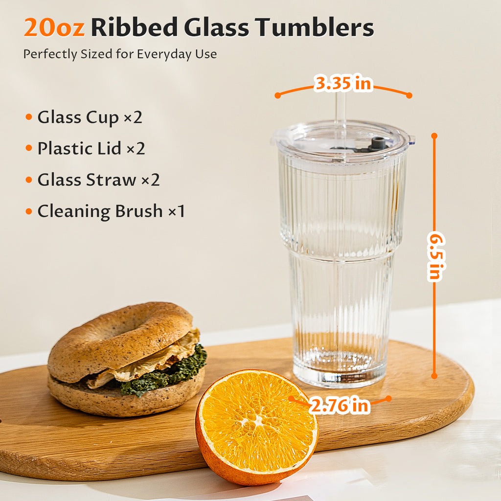 VA1KENE 20oz Glass Tumbler with Straw and Lid Leakproof Glass Cups for Iced Coffee, Juice, Tea, Smoothies, Beer Clear 2 Pack